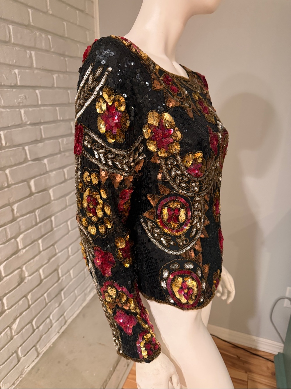 SCALA Silk Beaded Sequin Art Deco Top Black Gold Burgundy Est. SMALL/MEDIUM - Picture 8 of 15